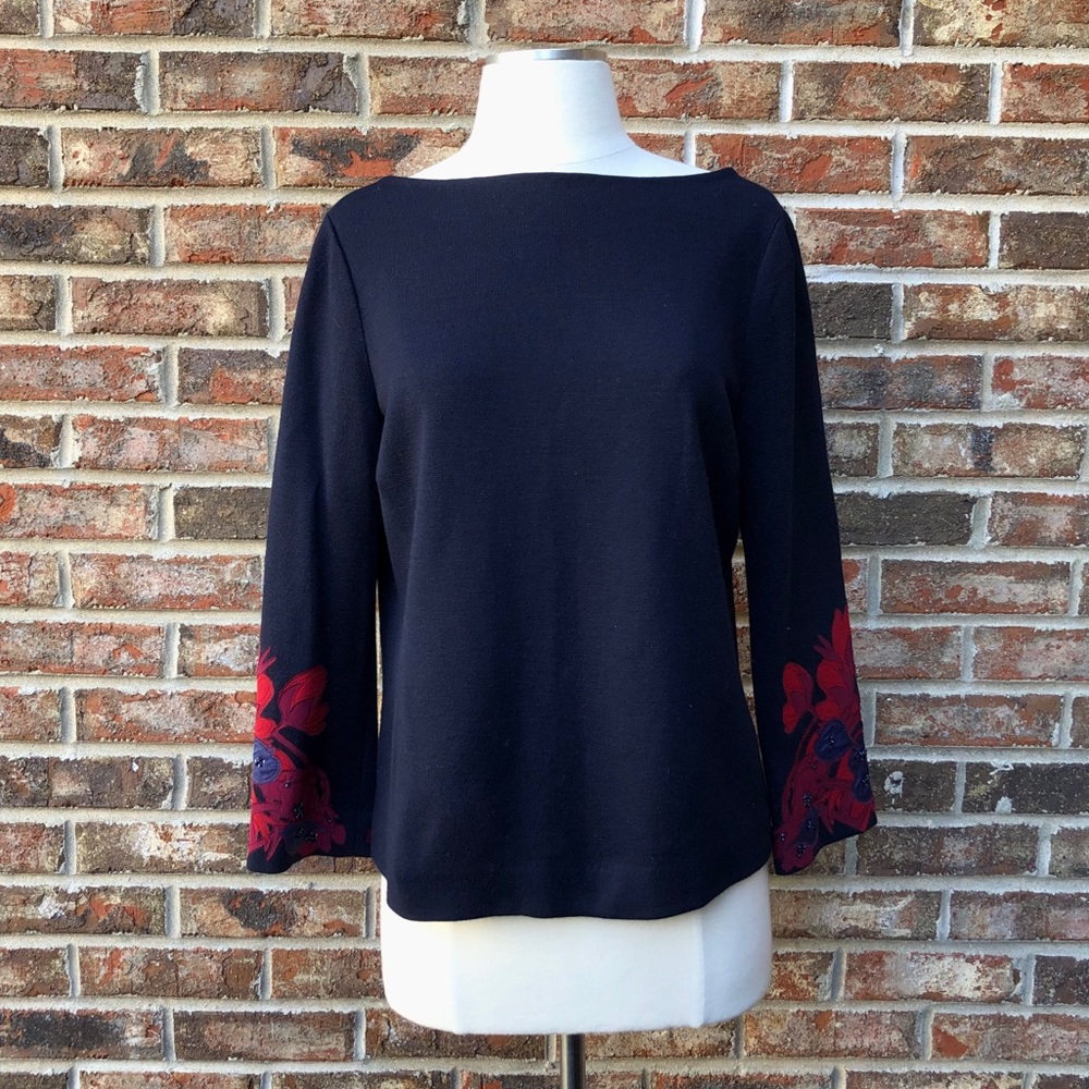 Tory Burch Floral Sleeve Detail Navy Top, M